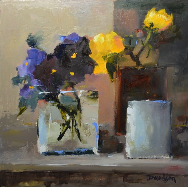 PANSIES IN A SQUARE VASE 12